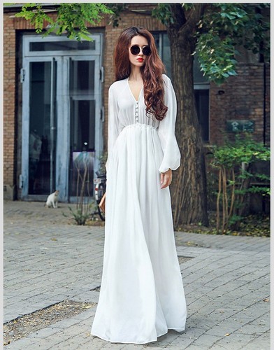 long sleeve white boho maxi dress